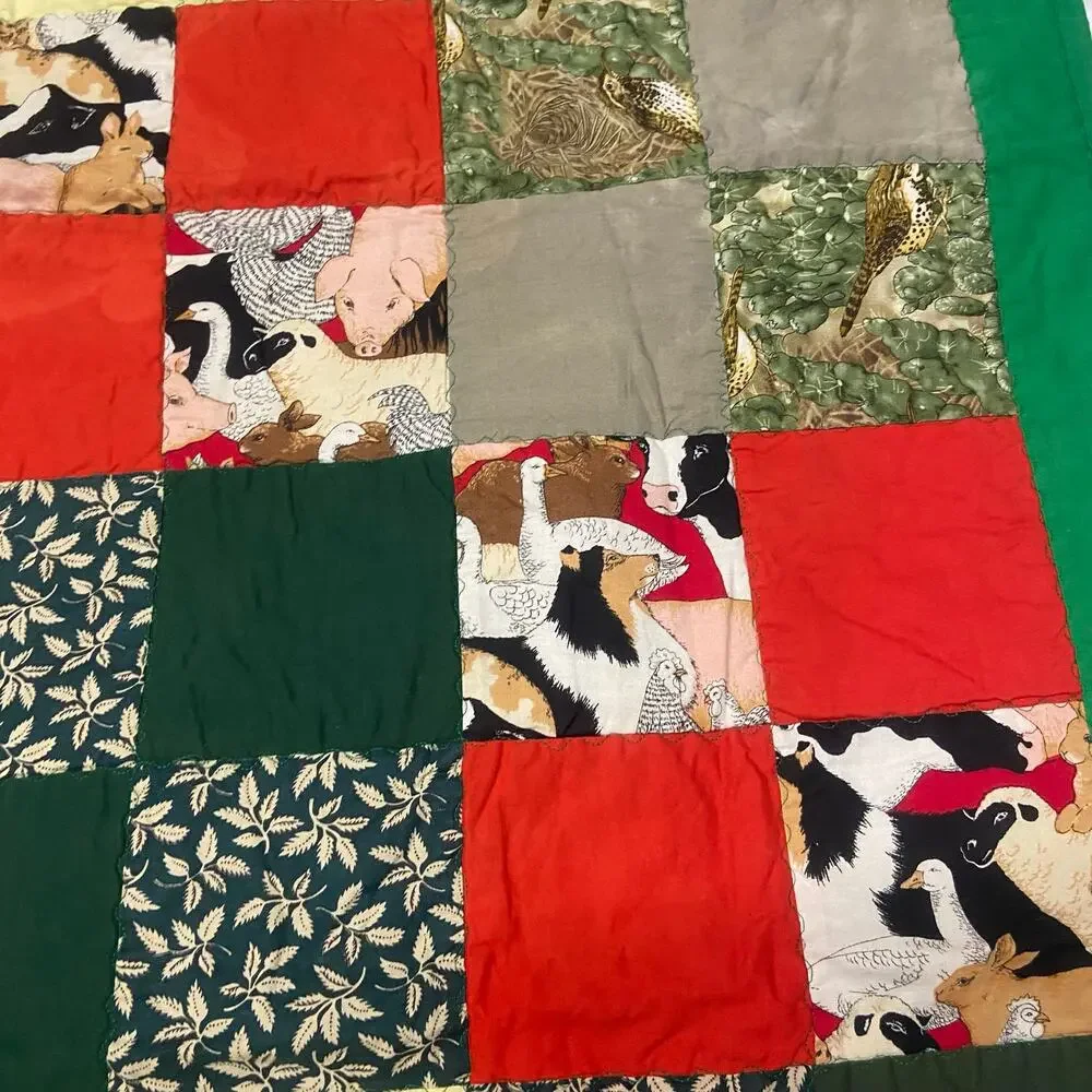 Baby Blanket Farm Animals Birds Green Border & Background Lap Blanket Handmade